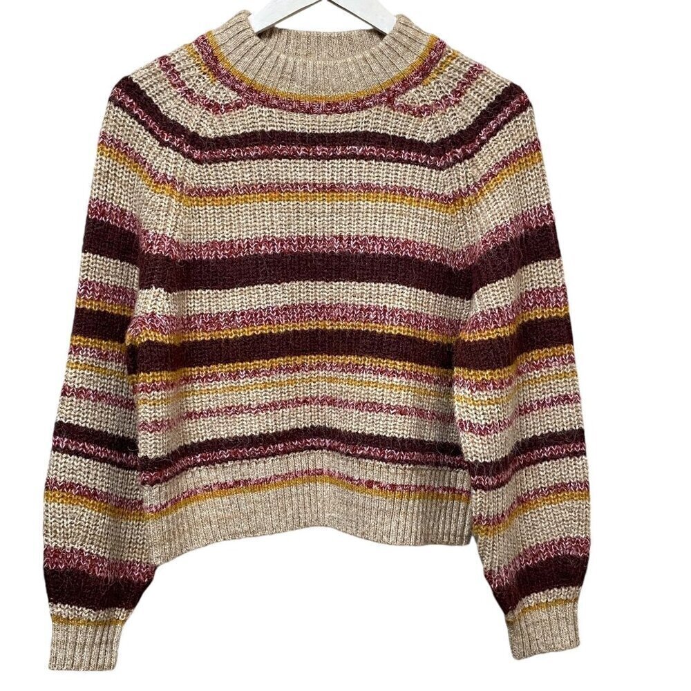 OLD NAVY Womens Sweater XS Relaxed Fit Beige Red Stripe Mock Neck Pullover